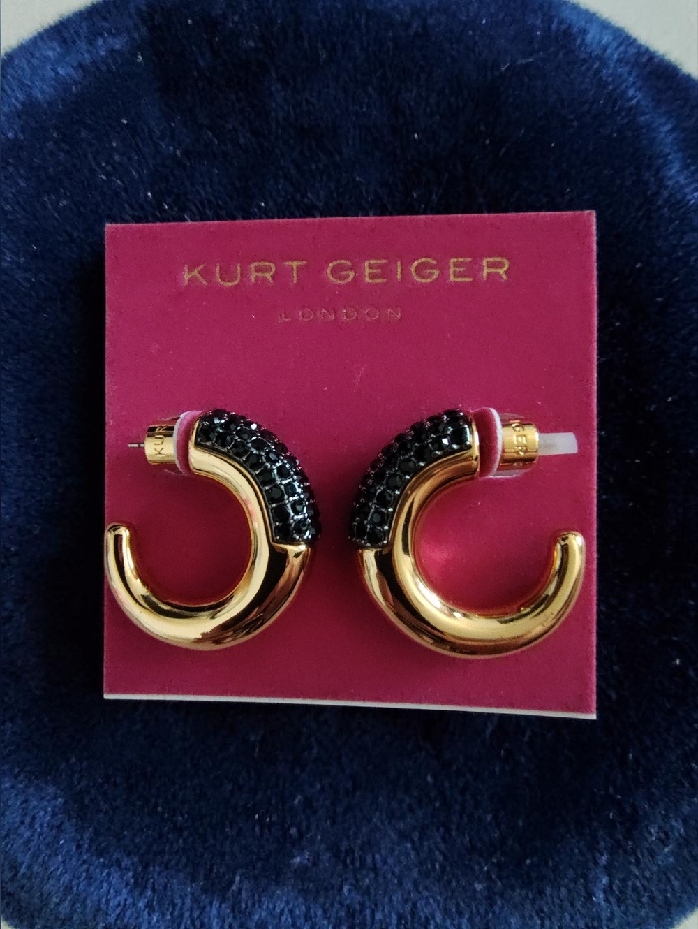 Kurt Geiger London Gold Tone Black Pavé Hoop Earrings NWT